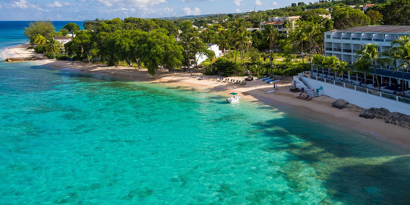 An aerial shot of the beachfront location which Waves Hotel and Spa Barbados accupies