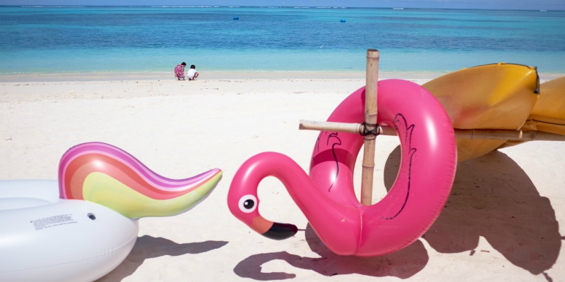 Inflatables on a Caribbean beach scene