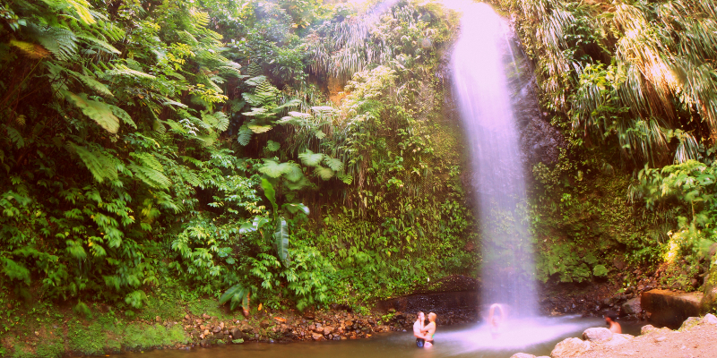 People standing in water under a waterfall