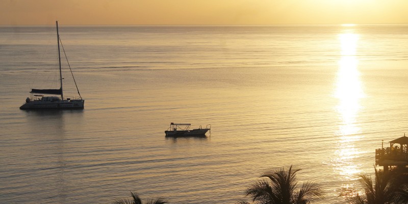 Ships on the Caribbean Sea at sunset