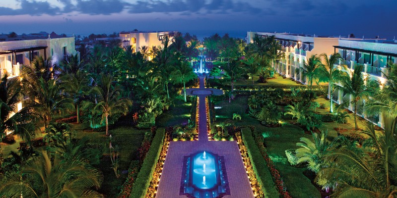 The resort gardens lit up at night
