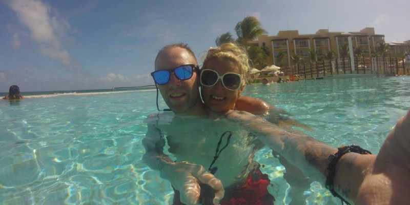 The couple take time to relax in the pools at Dreams Jade resort in Mexico