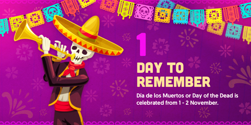 Día de los Muertos or Day of the Dead is celebrated from 1 - 2 November